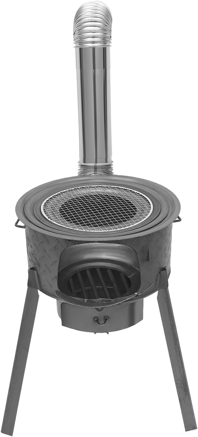 Wood Burning Stove with Grill Rack, Portable Camping Rocket Stove Chimney Charcoal Grill & Wok Rings, for Outdoor Backyard Cooking, Picnic and Barbecue (Silver+Black, 16.9 in)