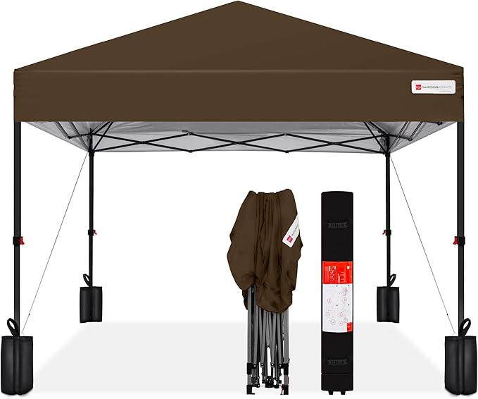 Best Choice Products 10x10ft Pop Up Canopy Tent, Outdoor Shade, 1 Person 1 Minute Set Up, Carry Case, 4 Weight Bags - Brown
