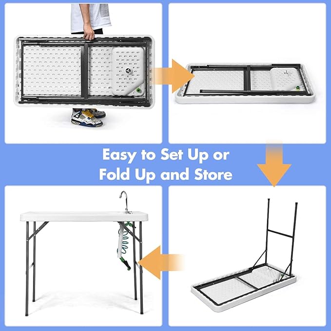 GYMAX Fish Cleaning Table with Sink, Folding Fish Cleaning Station with Adjustable Spray Cleaner, Foldable & Rotatable Faucet, Portable Fillet Table for Outdoor Camping, Fishing, Picnic