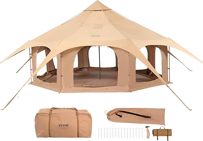 VEVOR Canvas Tent Bell, Yurt 4 Seasons for Camping with Stove Jack, Breathable Holds up to 4 People, Family Camping Outdoor Hunting Party