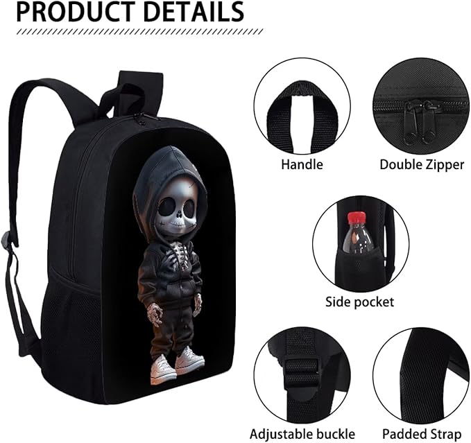 Black Skull Backpack for Teen Boys 3 Pieces Cute Lightweight Bookbag for Boys 8-12 17 Inch Large Capacity Teens School Bag and Lunch Kit for Back to School Travel Hiking Rucksack