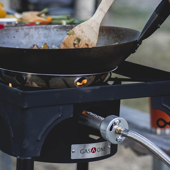 GasOne Propane Single Burner Camp Stove with High Temp Paint & Red QCC Steel Braided Regulator with Height Adjustable Leg
