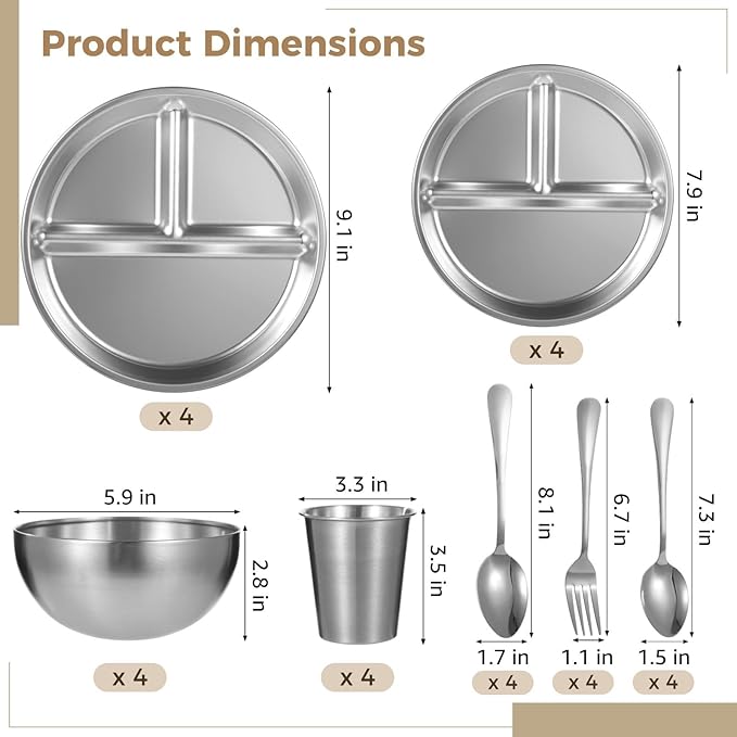Cups and Spoons for Picnic, 28 Pcs Camping Dinnerware Set, Outdoor Mess Kit with Bowls, Stainless Steel Plates, Forks, Polished Tableware for Backpacking, Hiking