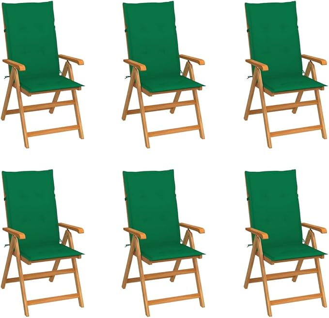 Patio Chairs 6 pcs,Outdoor Folding Chair,Lounge Chair,Portable Camping Chair,Tanning Chairs for Outside,Garden Chair,for Outdoor Patio, Campsite, or Yard, with Green Cushions Solid Teak Wood