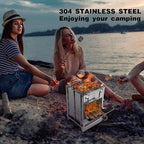 Camping Wood Burning Stove with Grill, Collapsible Backpacking Survival Rocket Stove Stainless Steel Campfire Stove for Outdoor Cooking Picnic Hiking BBQ (Sliver-Small)