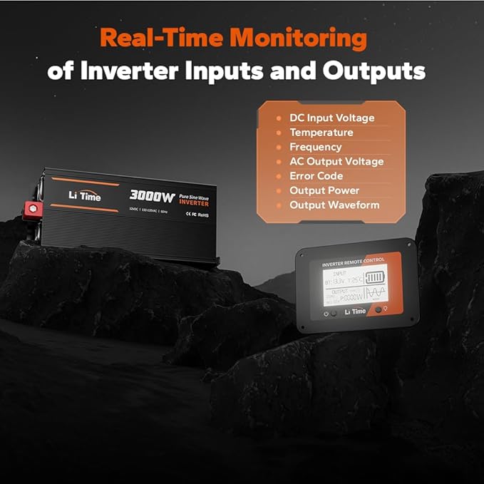LiTime 3000W Pure Sine Wave Inverter 12V DC to 120V AC Converter with Remote Control for RV, Camping, Off-Grid Solar Power Inverter with 4 AC Outlets,2 USB Outputs, Screen Showing Real-time Status
