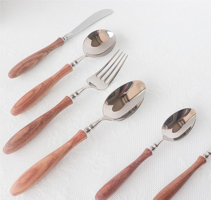Silverware Flatware Cutlery Set， 6/24/36/48/60/72pcs Steak Knife and Fork Cutlery Wooden Handle Spoon Cutlery Set 304 Stainless Steel Dessert Fork and Spoon，Silver-48 Pieces for 8