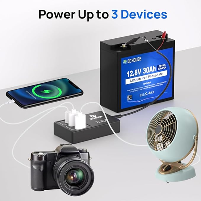 DC HOUSE 12V 30Ah Mini Lithium Battery with DC Output, 2 in 1 Multi-Port USB Charger: 12V Converter or 45W Max Lifepo4 Battery Charger, for Fish Finder, Camping, Ham Radio, Power Wheels, RV