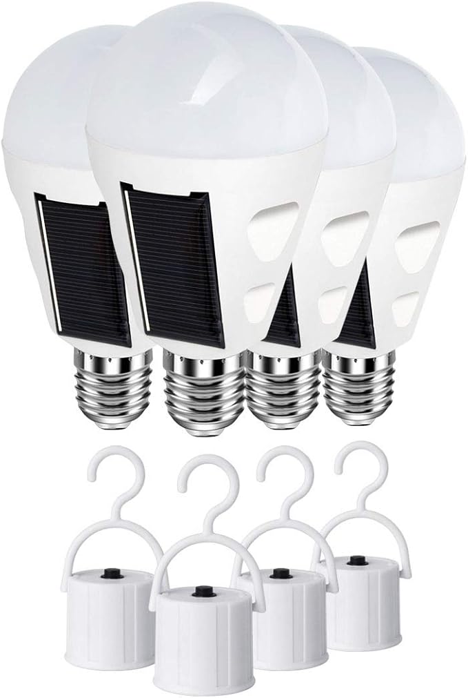 4 Pack LED Solar Emergency Light Bulbs for Home Power Failure, E26/E27 7W Rechargeable Battery Backup Bulb, Hurricane Supplies for Home, White Daylight 6000k Outdoor Hiking Camping Light