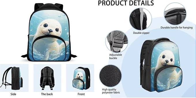 Kids 3 in 1 School Bag Set Sea Otter School Backpacks 12 Inch Schoolbag for Elementary Kindergarten School Animal Print Bookbag with Lunch Box and Pencil Case