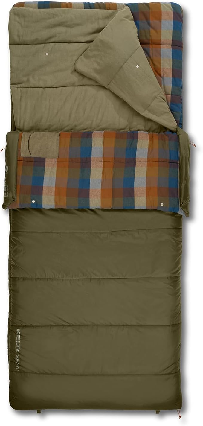 Kelty Wayback Flannel Lined Sleeping Bag, Built in Blanket, Traditional Rectangle Shape, Organic Flannel Cotton Liner, Dual Locking Slide Zips