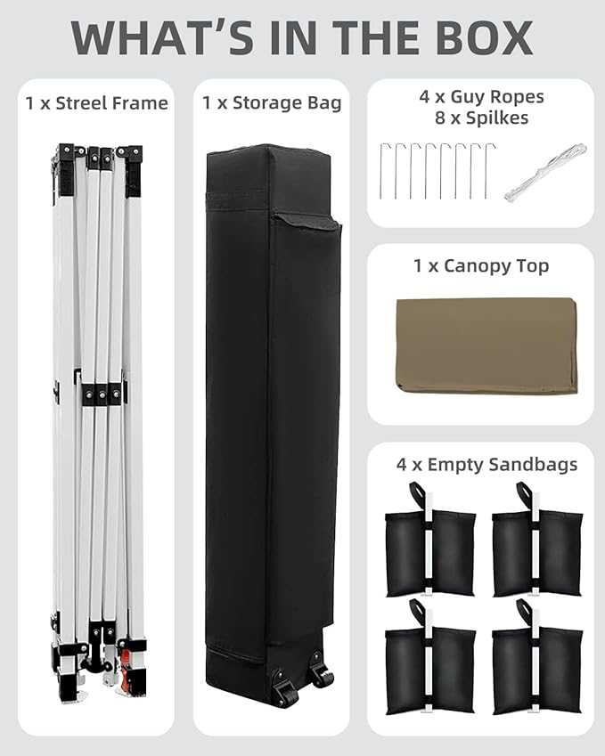 GarveeLife 10x10 Pop Up Canopy with One Button Push Setup - Heavy Duty Outdoor Canopy Tent with Portable Roller Bag - 3 Adjustable Height, 4 Weight Bags, 8 Stakes & 4 Guy Ropes Included, Khaki