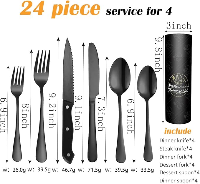 48 Piece Black Flatware Set for 8 Stainless Steel Cutlery Sets Delicate Camping Silverware Set for Kitchen Hotel Picnic Restaurant Include Knife Fork Spoon Steak Knife Dessert Fork Dessert Spoon