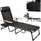 Folding Outdoor Chaise Lounge Chair, Portable Camping Cot with Headrest, 4 Position Beach Lounge with Cup Holders & Wooden Armrests, Sun Tanning Chair for Patio Pool Lawn, Supports 350lbs (Black)