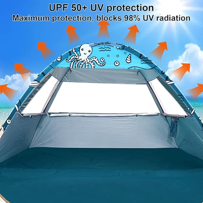 Ocean World 3-4 Person Family and Baby Beach Tent – Cool Beach Essentials for Shade, UPF 50+ UV Protection and PU800 Waterproof, Portable Pop Up Sun Shade Cabana Shelter for Kids and Toddlers,