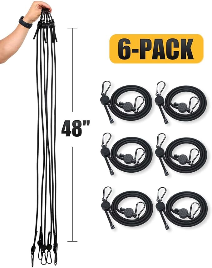 Adjustable Bungee Cords with Hooks, 6 Pack Thick Elastic Straps, Easy to Lengthen and Resecure (7"-48")– Strong, Stretchy Tie Downs with Secure Hooks for Cargo, Camping, Tents, Luggage – All-Weather