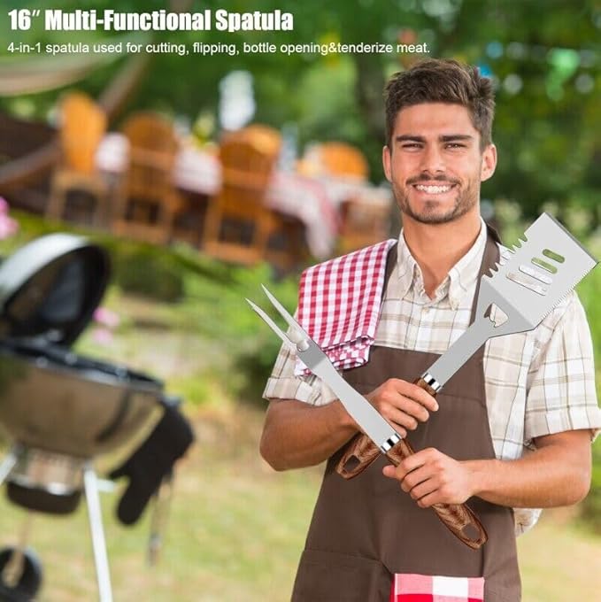 31pcs BBQ Grill Accessories Gifts for Men Dad, Heavy Duty Grilling Tools Gift Set for Father‘s Day, Stainless Steel BBQ Utensils Kit with Mats, Grill Brush in Carrying Bag Brown