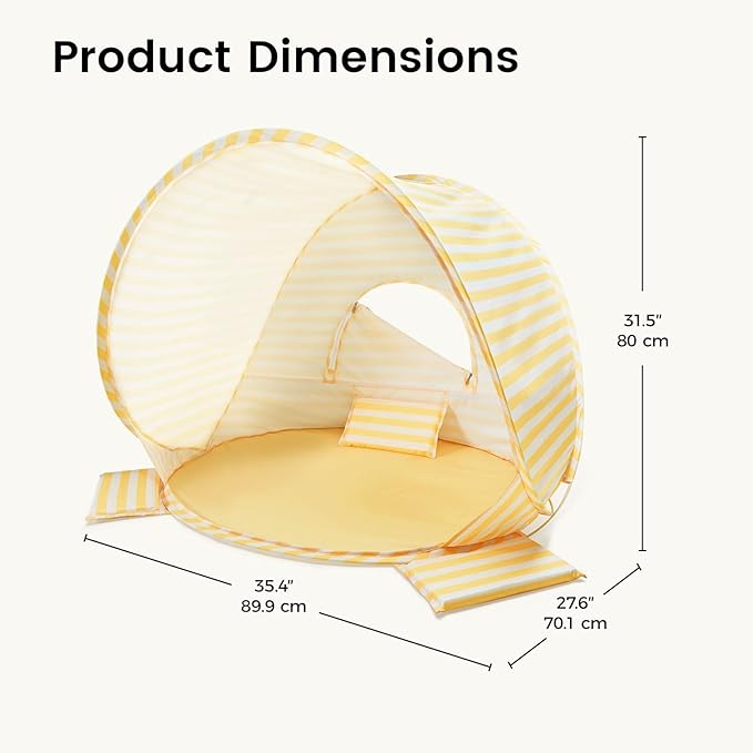 Tiny Land Baby Beach Tent – Pop Up Baby Tent with UV Protection, Portable Baby Beach Essentials, 35.4"x27.6"x31.5" Sun Shelter for Infants, Baby Summer Outdoor Use (Pastel Yellow Stripes)