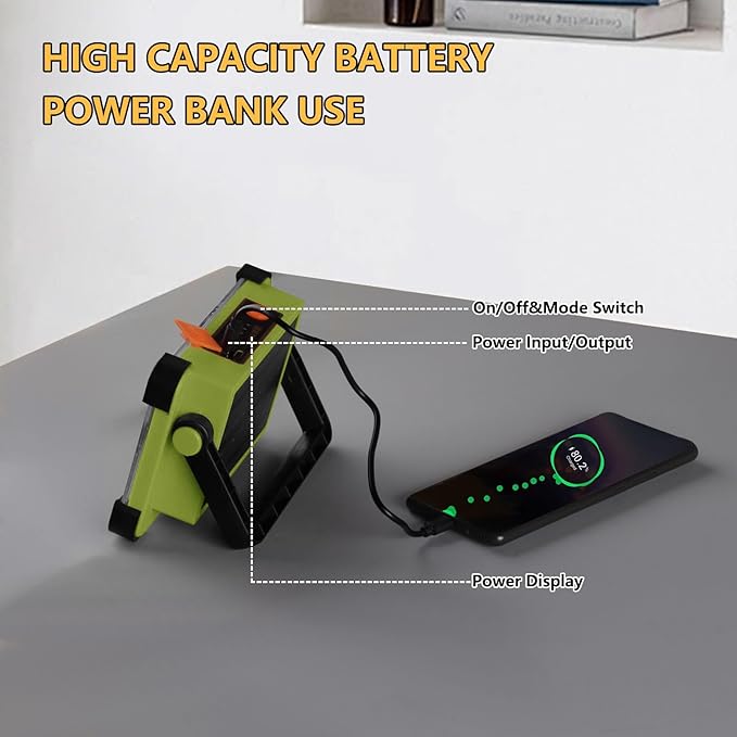 120W Solar Rechargeable Work Light, 144 LED Portable Flood Light with Stand, IP66 Waterproof 4 Modes LED Job Site Lighting Flashlights for Mechanic Camping Fishing Car Repair(Green 1 Pack)