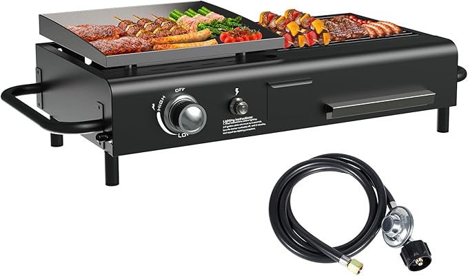 BESTFIRE Tabletop Propane & Charcoal Grill Combo, 70,000 BTU Dual Fuel Flat Top Griddle, 2 Side Shelves & Cast Iron Cooking Area – Compact BBQ Grill for Patio, Camping, and Small Outdoor Spaces
