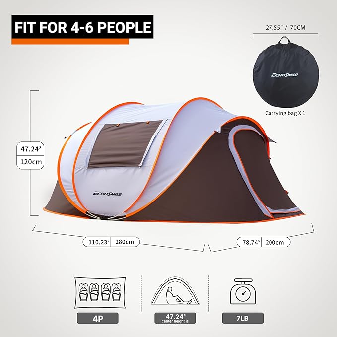 EchoSmile Instant Pop Up Camping Tent, 2/4/6 Person, Easy Setup Tent, Water Resistant Dome, Portable with Carry Bag