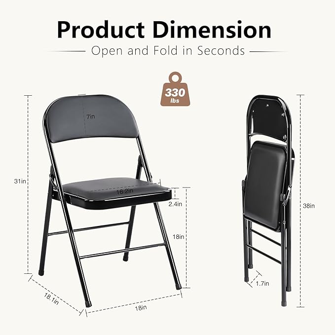 DUMOS 6 Pack Leather Padded Folding Chair, Indoor Outdoor Portable Stackable Commercial Seat with Steel Frame, Capacity for Home, Office, Party, Comfy, Black