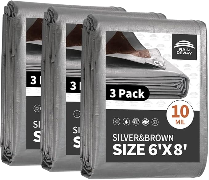 RAINDEWAY Tarps Heavy Duty Waterproof 6x8 Feet(3 Pack),10Mil Thick Multipurpose Poly Small Tarp Cover with Metal Grommets and Reinforced Edges,Silver/Brown Tarp