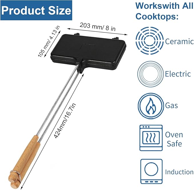 Double Pie Irons Sandwich Maker, Non-Stick Pie Irons for Camping with Removable Handles, Portable Mountain Pie Maker Cast Iron, Sandwich Press for Camping