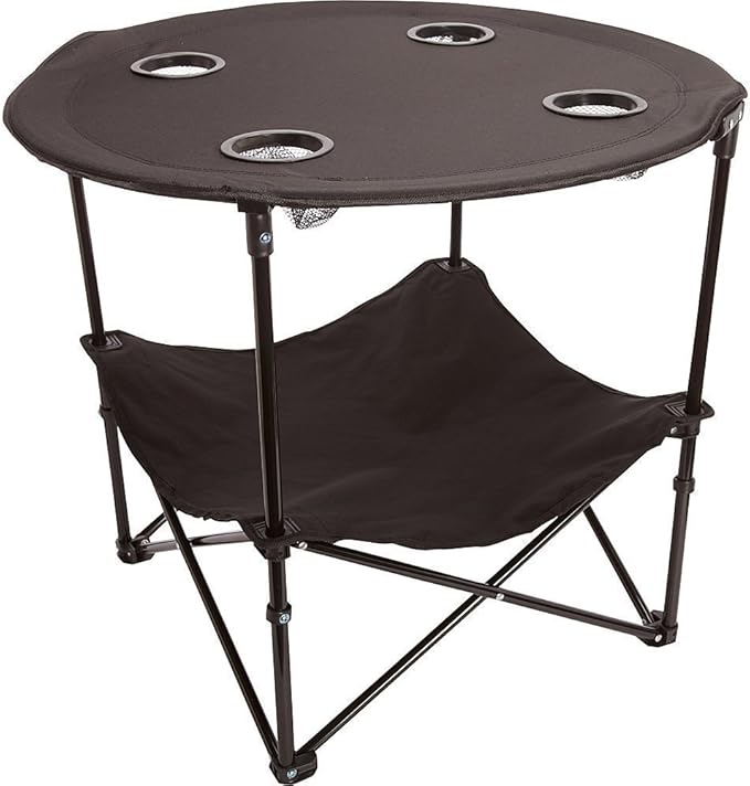 Preferred Nation | 2 Tier Folding Camping Table with 4 Mesh Cup Holders Black | Polyester with Metal Frame | Compact, Convenient Carry Case Included | Side Table for Tailgate