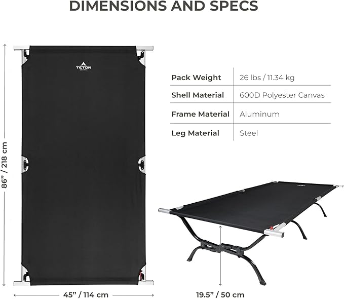 Teton Outfitter Camping Cot, Heavy-Duty Oversized Folding Cot for Adults, Comfortable Elevated Sleeping Bed, Easy Setup