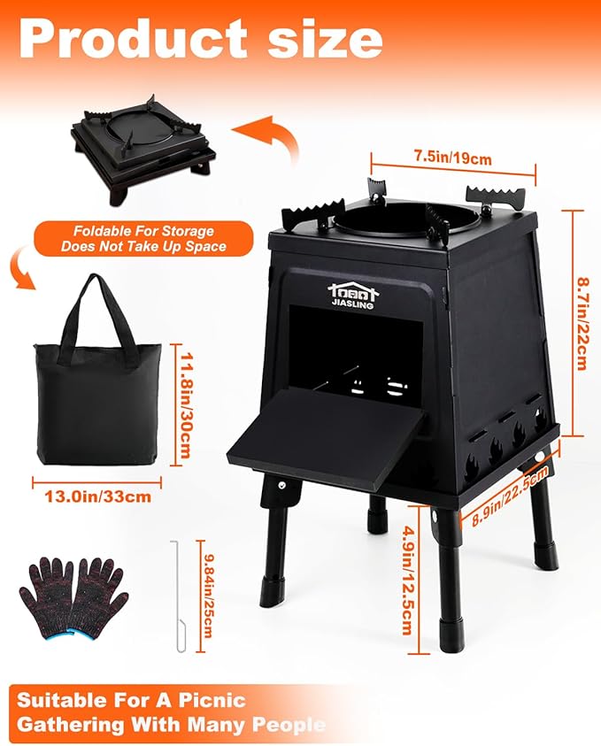 Portable Wood Burning Stove - Lightweight Cast Iron Camp Stove for Backpacking，A Small Size 8.9in * 8.9in * 8.7in Backpacking Camping Stove Kit (Black, Small)