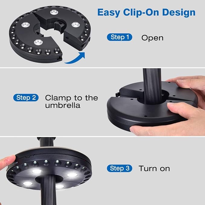 Patio Umbrella Light 3 Brightness Modes Cordless,with 24+4 Cool White LEDs-4 * AA Battery Operated Umbrella Lights,Fits 1.15"-2" Umbrella Poles,for Patio Umbrellas,Camping Tents and Indoor Use