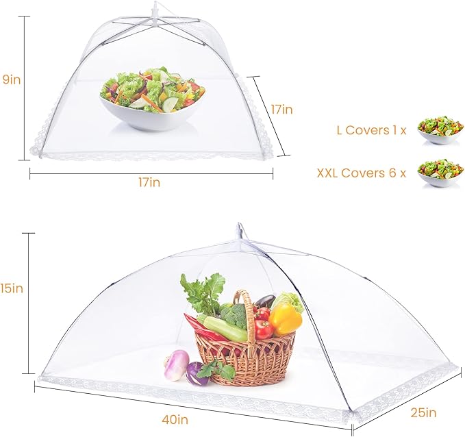 Food Covers for Outside - 2 Extra Large (40 x 25 in) & 6 Large (17 x 17 in) Food Tents/Food Covers for Outdoors Mesh Screen, Picnic Pool Party Supplies, Pop-Up and Collapsible
