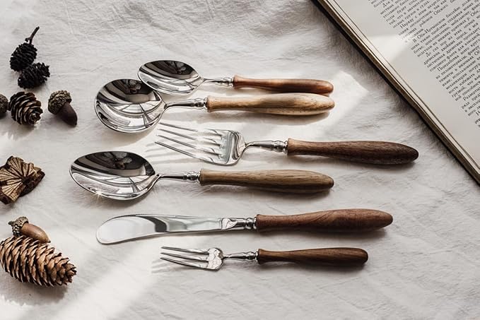 70 Piece Silverware Set Service for 14,Premium Wooden Handle 18 8 Stainless Steel Flatware Set Home Include Fork Knife Spoon Set Gift Package for Christmas and Thanksgiving（Dark Brown)