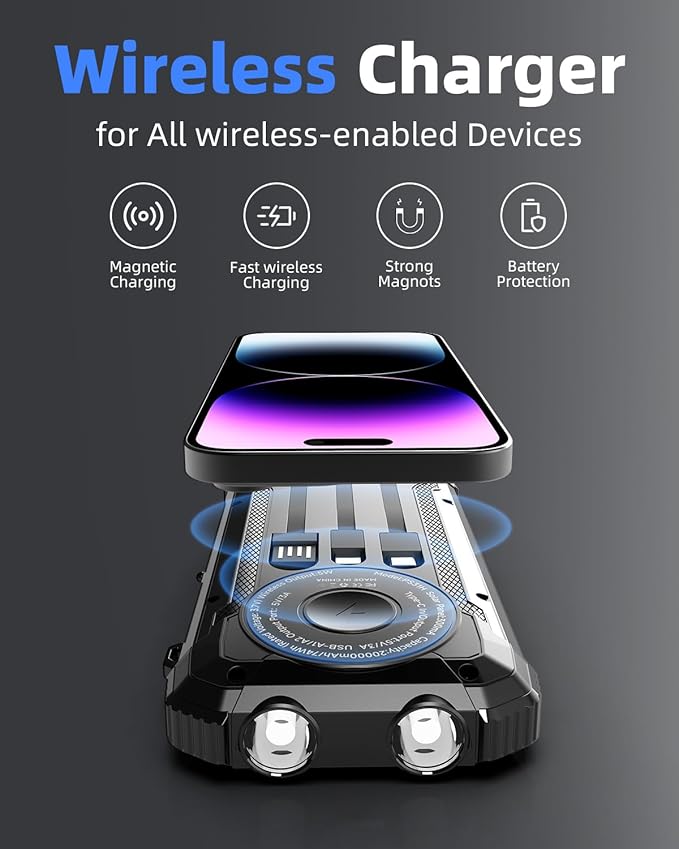 Solar Power Bank 20000mAh, 15W Wireless Fast Charger with 3 Built-in Cables, USB-C Output Portable Battery Pack, Dual Flashlights Power Bank for iPhone 17 16 15 14, Samsung Galaxy, Camping