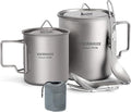 Titanium Mug Camping Pot Titanium Cup 420ml & 750ml Titanium Pot with Lid, Spork, Bag Lightweight Titanium Camping Pot for Backpacking Hiking Picnic and Traveling