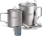 Titanium Mug Camping Pot Titanium Cup 420ml & 750ml Titanium Pot with Lid, Spork, Bag Lightweight Titanium Camping Pot for Backpacking Hiking Picnic and Traveling