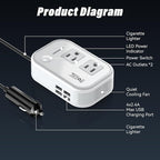 200W Car Power Inverter, FOVAL 12V DC to 110V AC Car Inverte with 4 USB Ports Car Outlet Adapter, Power Inverter for Vehicles, Car Plug Adapter Outlet for Laptop Computer Charger (White)