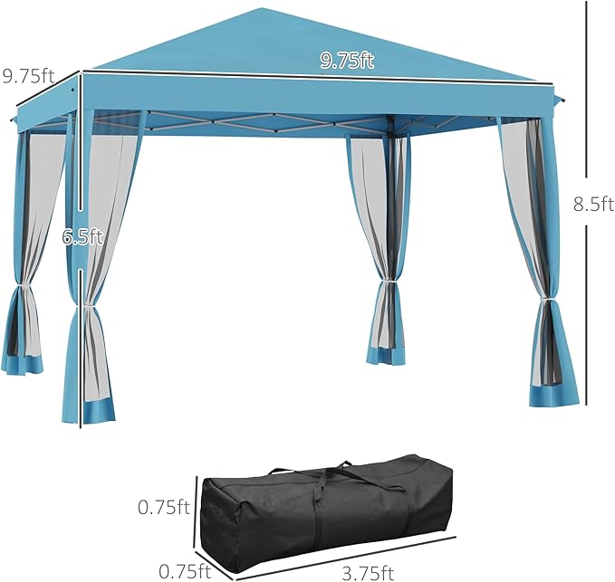 Outsunny 10' x 10' Pop Up Canopy Tent with Netting, Instant Gazebo, Screen House Room with Carry Bag, Height Adjustable, for Outdoor, Garden, Patio, Camping, Light Blue