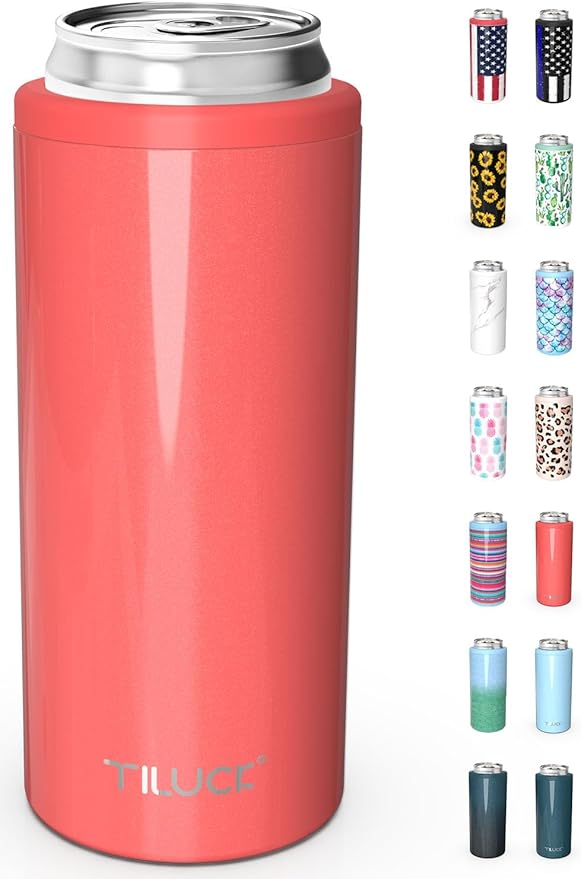 TILUCK Skinny Can Cooler for Slim Beer & Hard Seltzer, Stainless Steel, Doucle-Walled Stainless Steel Insulated Slim Cans, Standard 12 oz (Glitter Coral)