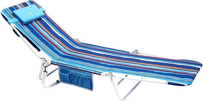 daystar SunnyFeel Beach Lounge Chair, Reclining Beach Chairs, 180-degree & Lay Flat, Portable Folding Camping Chairs with Padded Comfy Pillow for Camp/Lawn/Outdoor/Travel/Picnic, Beach Camping Cot