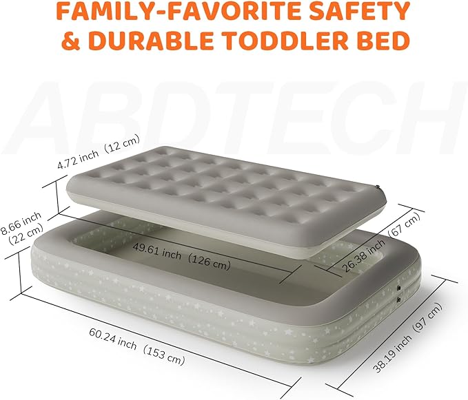 Inflatable Toddler Travel Bed: Portable Blow Up Travel Toddler Bed with Safety Sides - Toddler Air Mattress with Electric Pump ＆ Carry Bag,Ideal for Sleeping and Outdoor Camping (Beige, 60")