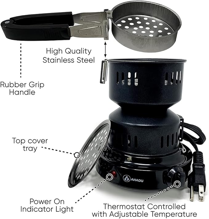 AHADU Premium Electric Charcoal Burner Coconut Coal Starter Hibachi Smart Overheating Control. Instant Coal Disk Tablet Fire Starter. Perfect Stove for Outdoor camping BBQ -Comes with Free Tong/Handle
