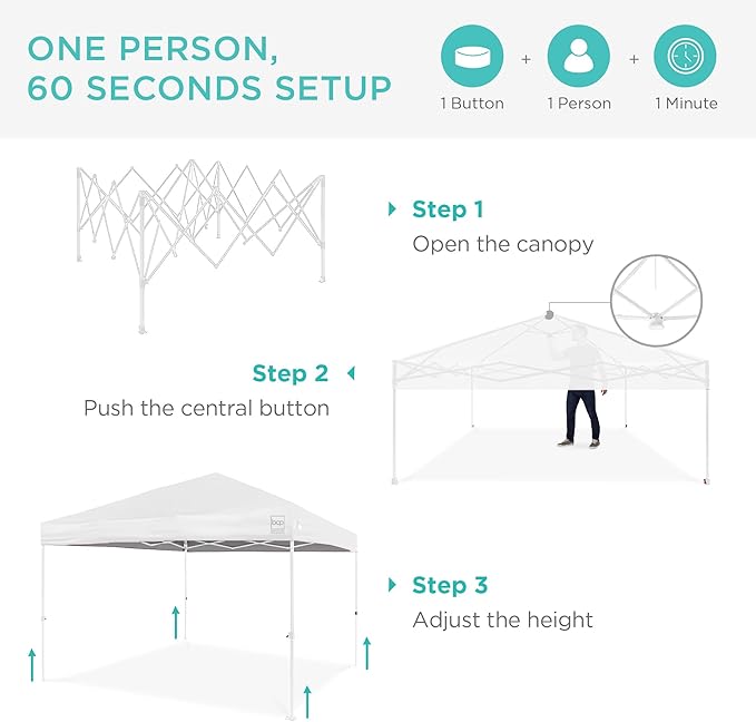 Best Choice Products 10x10ft Pop Up Canopy Tent, Outdoor Shade, 1 Person 1 Minute Set Up, Carry Case, 4 Weight Bags - White/White