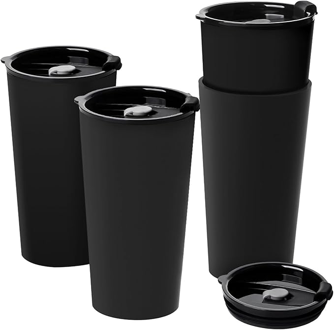 4 Pack Plastic Travel Coffee Mug Set, 20 oz Spill Proof Drinking Cups with Lids, Pobtable to Go Camping Coffee Tumbler Reusable Coffee Mugs with Lids, Dishwasher & Microwave Safe