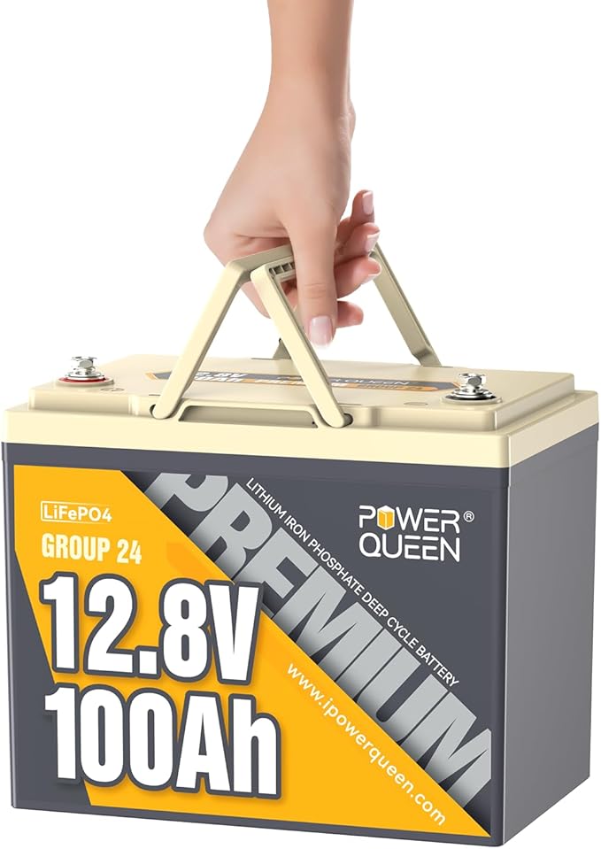 Power Queen 12V 100Ah LiFePO4 Battery, Group 24 Lithium Battery, 15000+ Deep Cycles RV Battery with BMS Protection for Travel Trailer, Motorhome, Trolling Motor, Solar