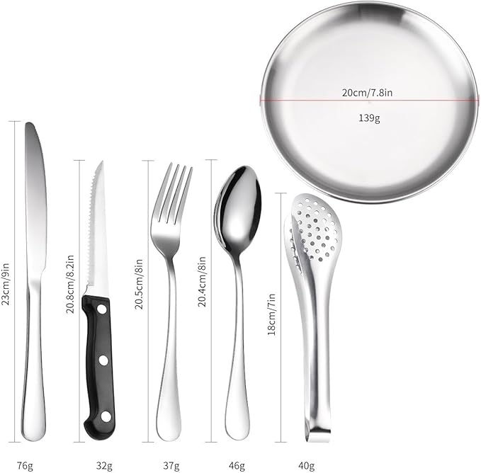 Flatware Silverware Set, 20-piece Outdoor Camping Stainless Steel Cutlery, Forks, Spoons, Plates, Food Clips, Portable Cutlery Bag Set, Tableware Cutlery Set (Color : Gold, Size : 1Set)