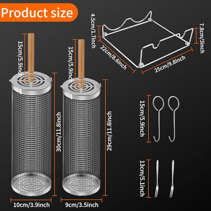 Rolling Grill Baskets (2PCS), Removable Wooden Handle, 304 Stainless Steel, Nesting Grilling Net, BBQ Accessories Tools for Vegetable Shrimp, Outdoor Cooking Camping, Birthday Gifts for Men/Dad/Husband