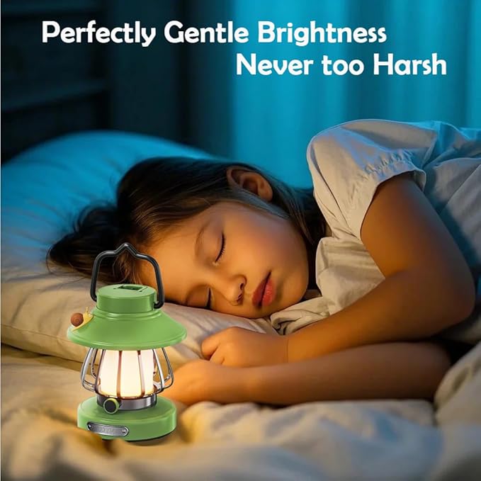 Kids Lantern with 3 Color Light & USB-C Rechargeable, Dimmable Camping Night Light for Children, Safe & Durable ABS Plastic Toddler Flashlight for Bedroom, Tent, Emergency (Green)