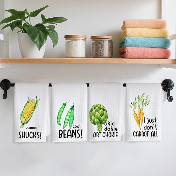 4Pcs Funny Kitchen Towels 24x14 Inch, Carrot Corn Beans Artichoke Waffle Weave Dish Towels for Kitchen Farmhouse Decor, White Absorbent Microfiber Hand Tea Towel, Housewarming Gifts for Women Mom